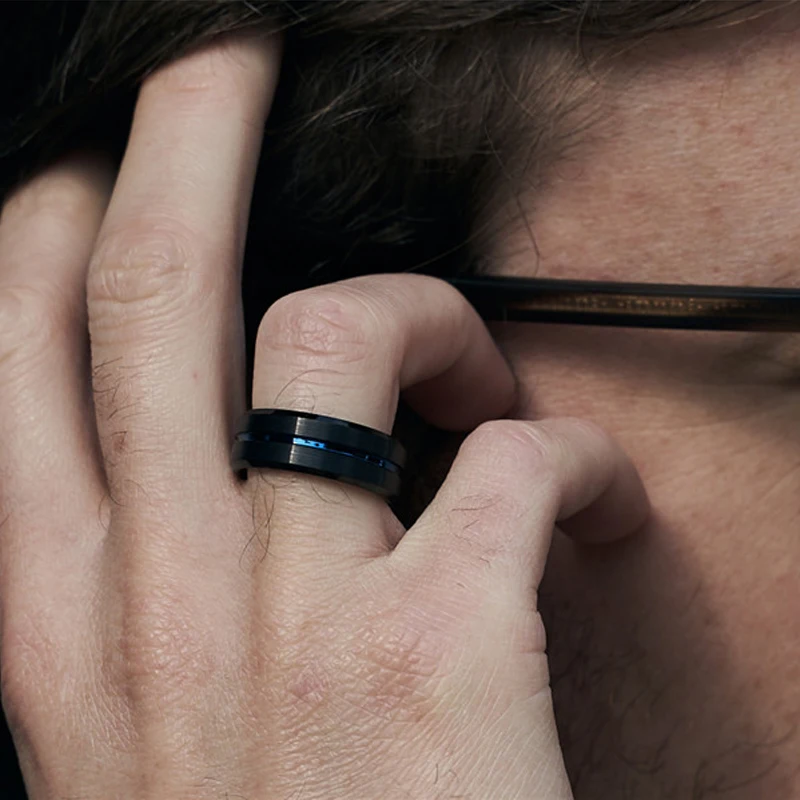 Blue Line Black Tungsten Carbide Ring