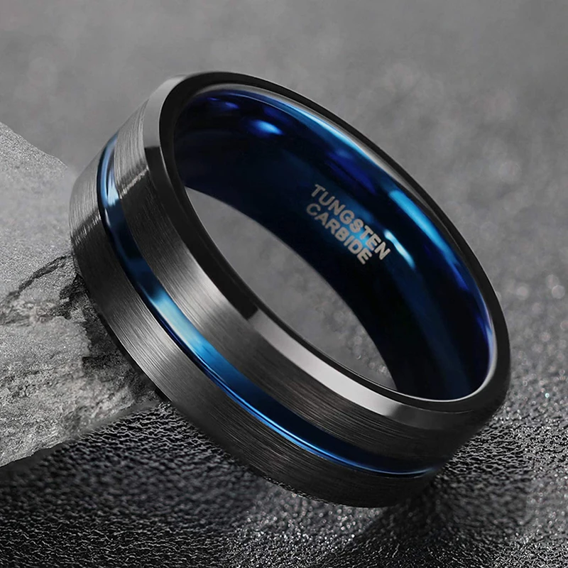 Blue Line Black Tungsten Carbide Ring