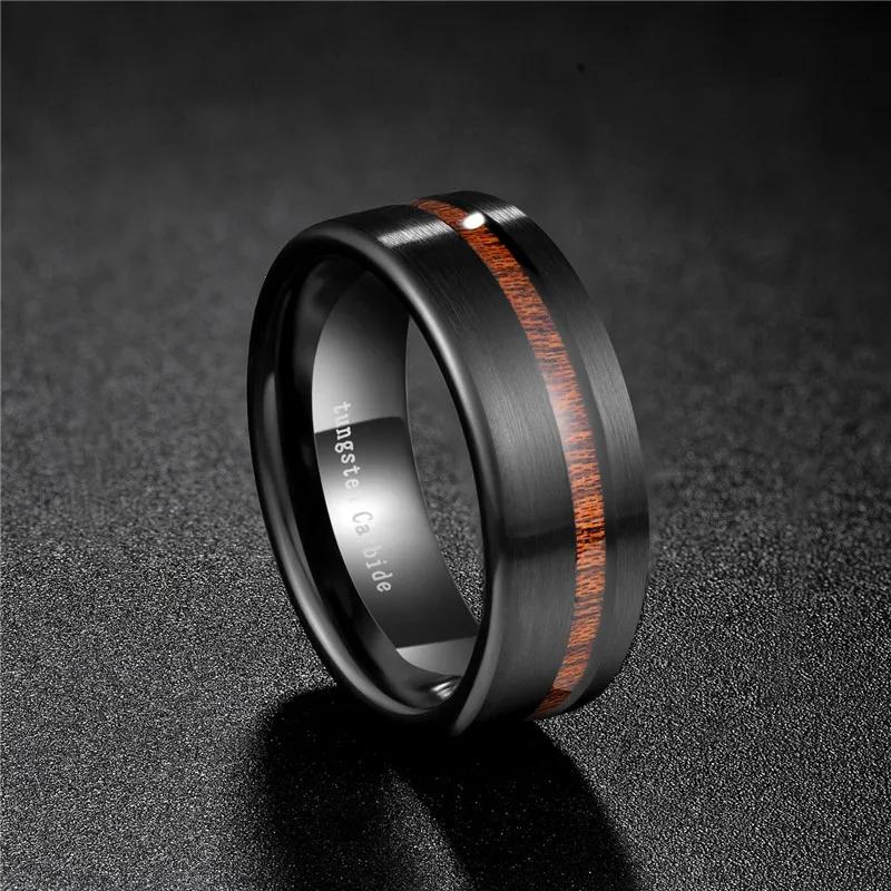 Black Tungsten Carbide Ring with Wood Line