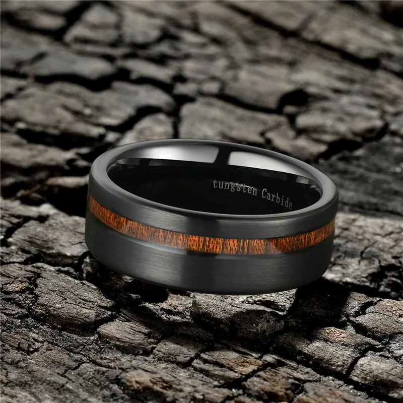 Black Tungsten Carbide Ring with Wood Line