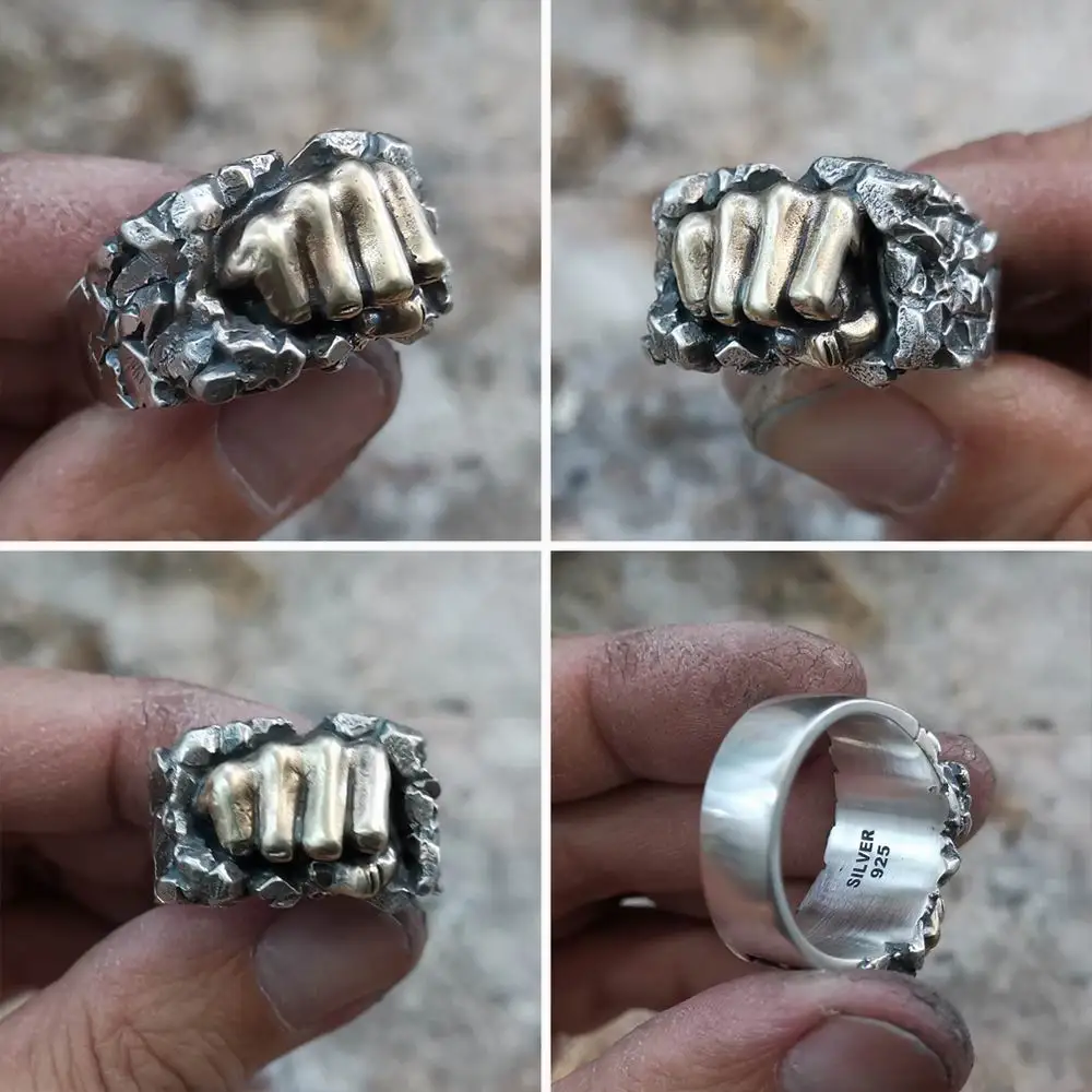 925 Silver Fist Breaking Stone Mens Ring