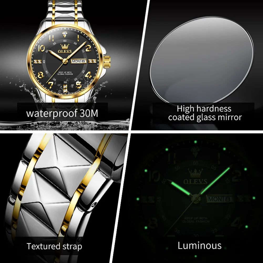 OLEVS Gold Diamond Quartz Watch for Men
