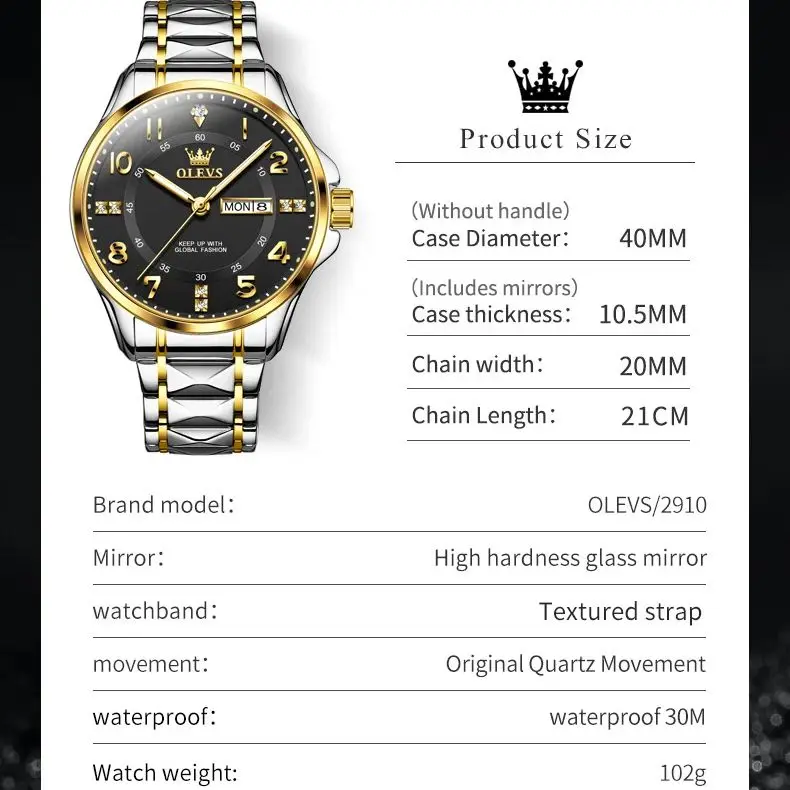 OLEVS Gold Diamond Quartz Watch for Men