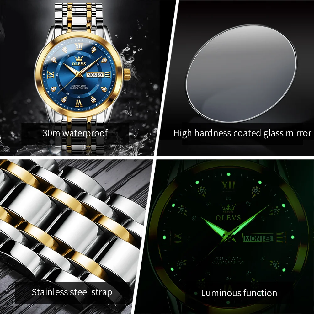 OLEVS Quartz Luxury Diamonds Gold Watch