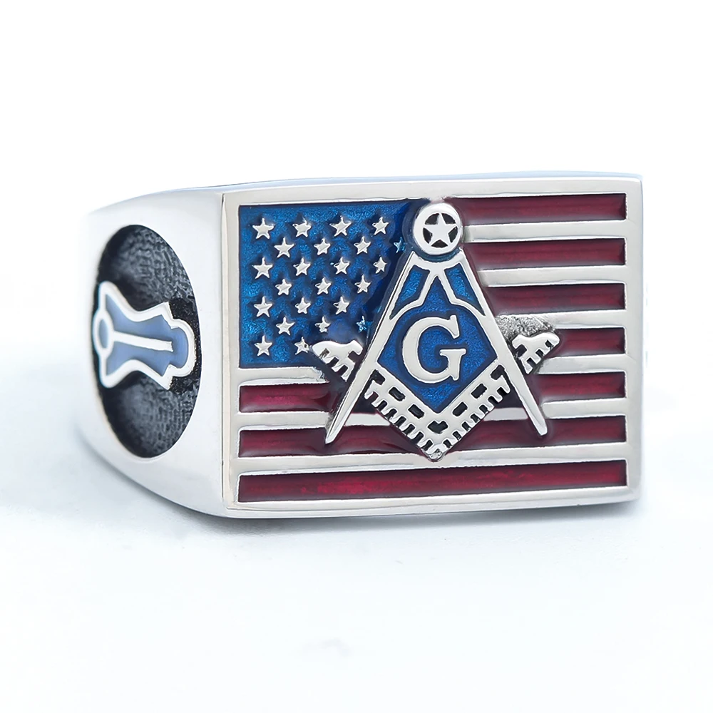 US American Flag Freemason Compass Ring