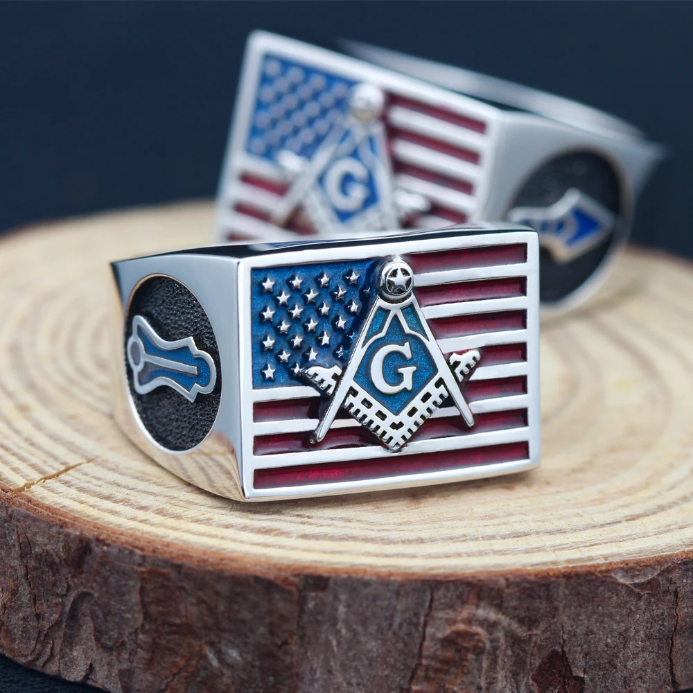 US American Flag Freemason Compass Ring