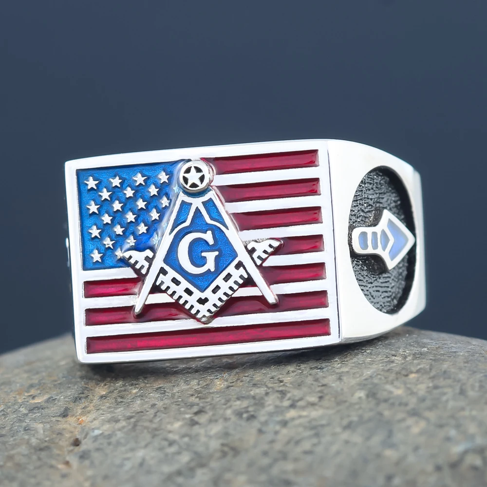 US American Flag Freemason Compass Ring