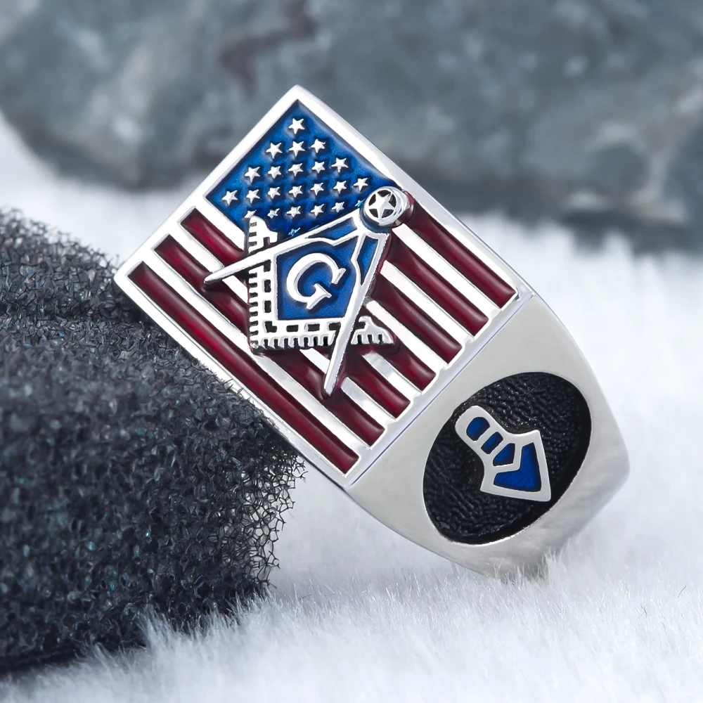 US American Flag Freemason Compass Ring