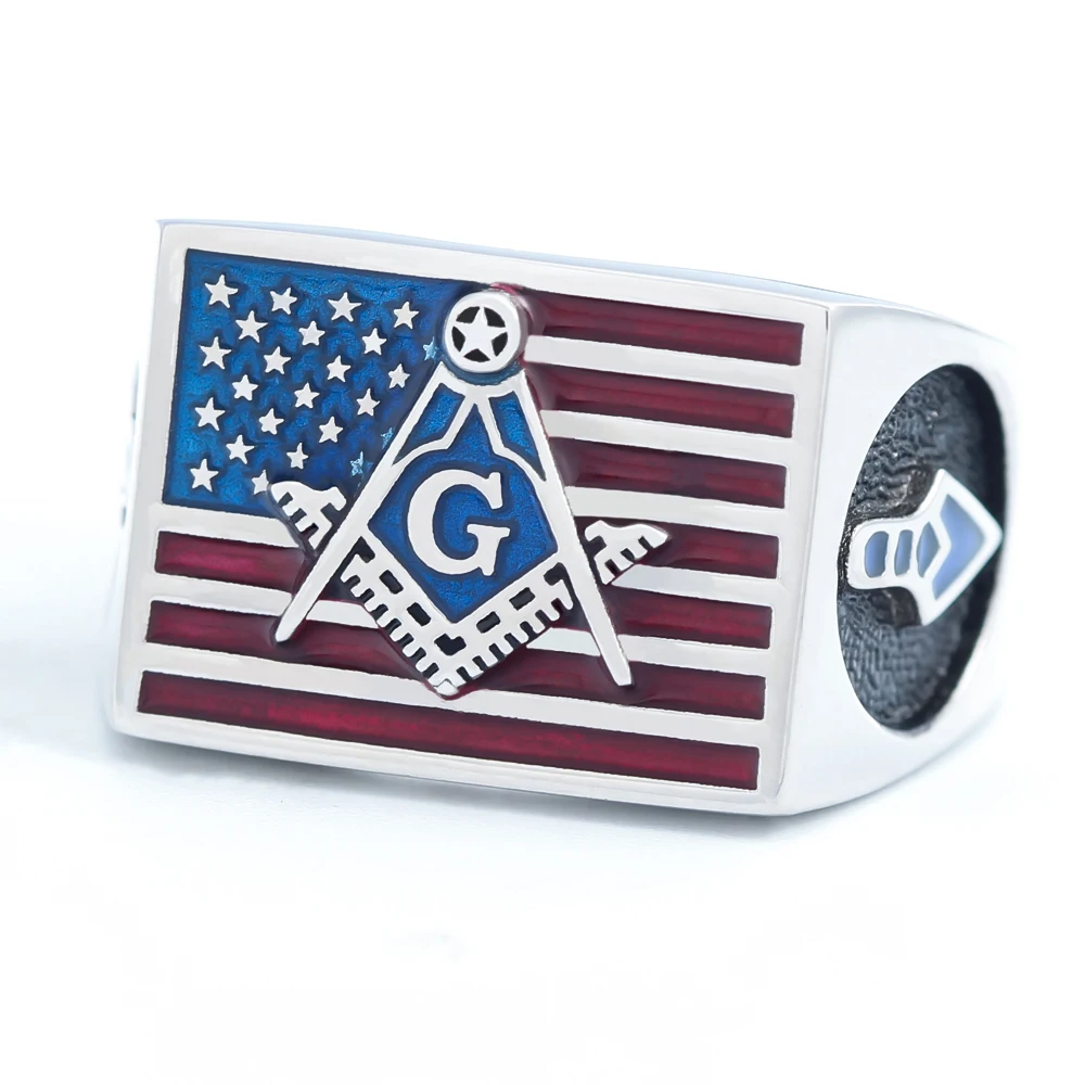 US American Flag Freemason Compass Ring