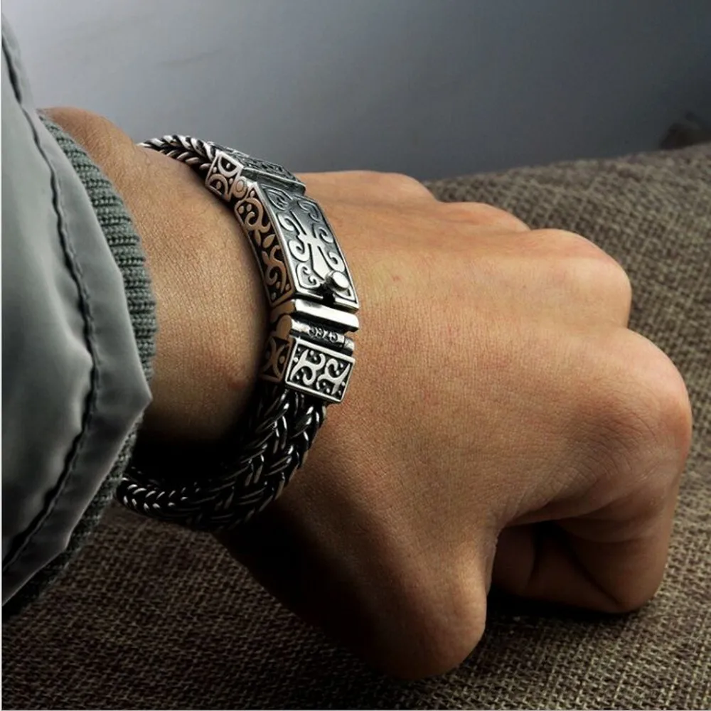 Solid S925 Pure Silver Woven Bracelet for Men