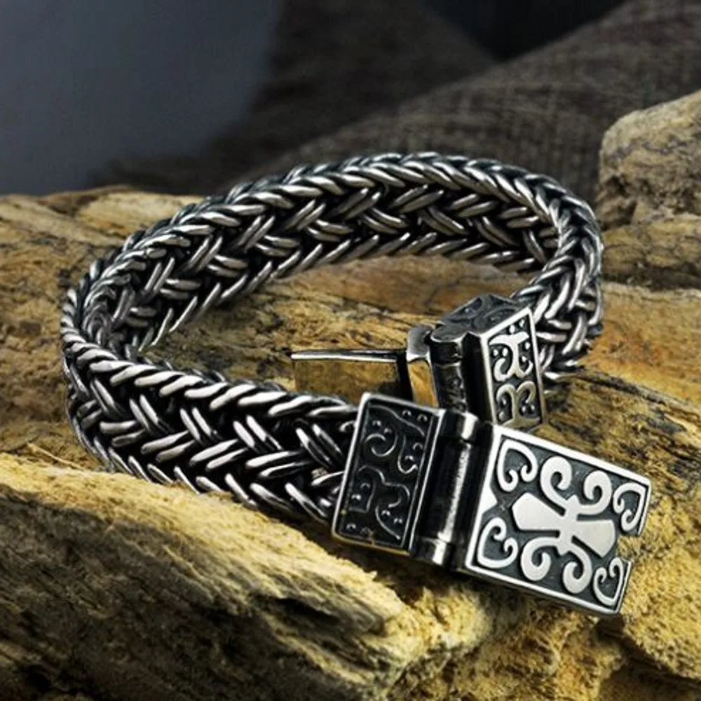 Solid S925 Pure Silver Woven Bracelet for Men