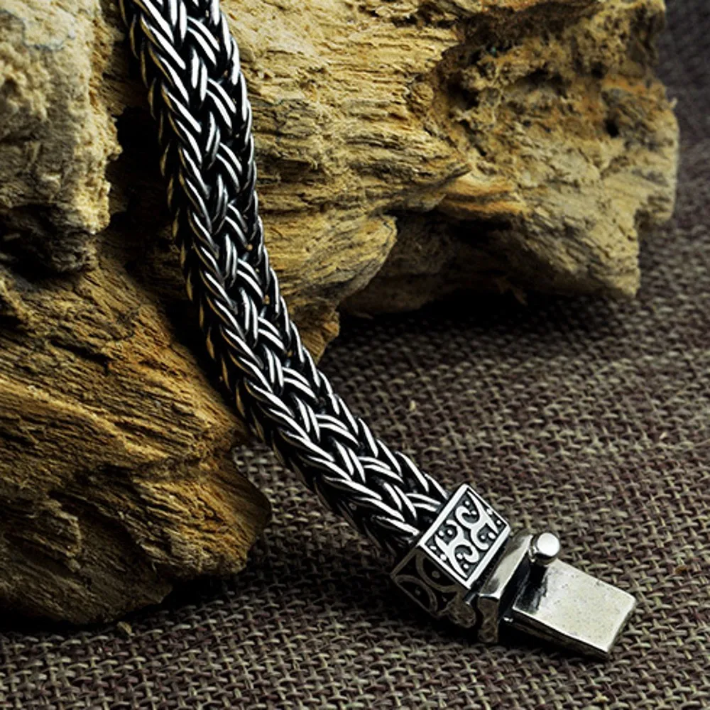 Solid S925 Pure Silver Woven Bracelet for Men