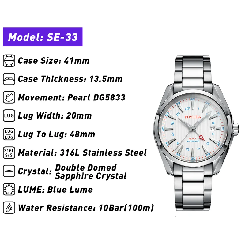 Phylida 10BAR 100M Automatic GMT Watch