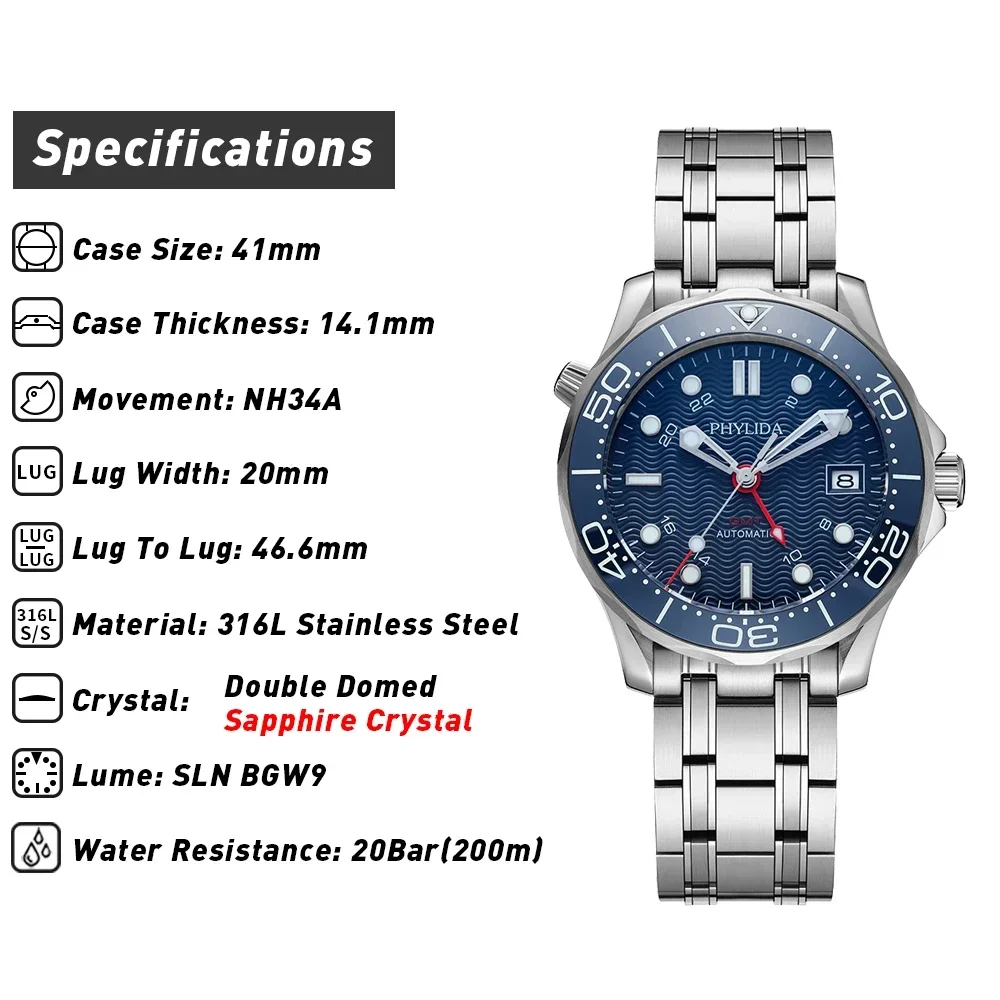 PHYLIDA GMT 41mm Men's Watch NH34A
