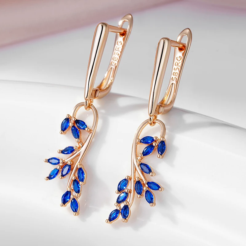 Blue Zircon Leaf Shape Dangle Earrings