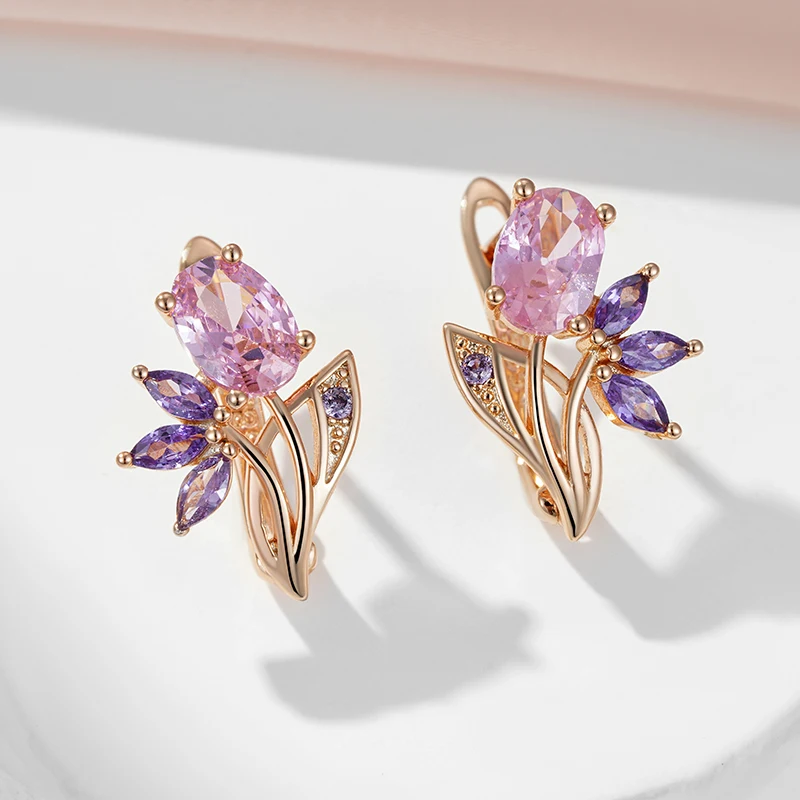 Purple Natural Zircon Flower Drop Earrings