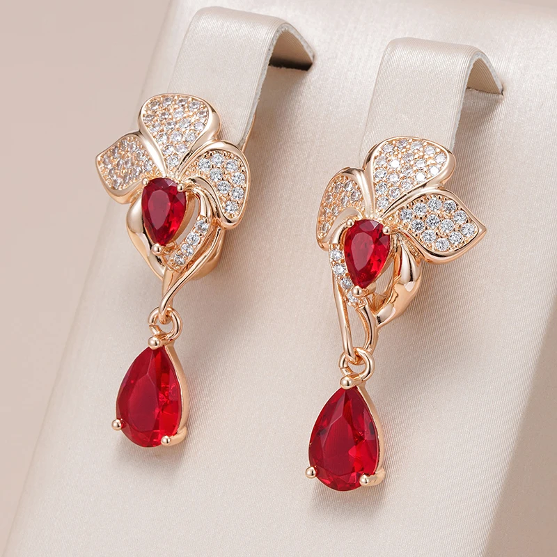 Red Zircon Flower Long Dangle Earrings
