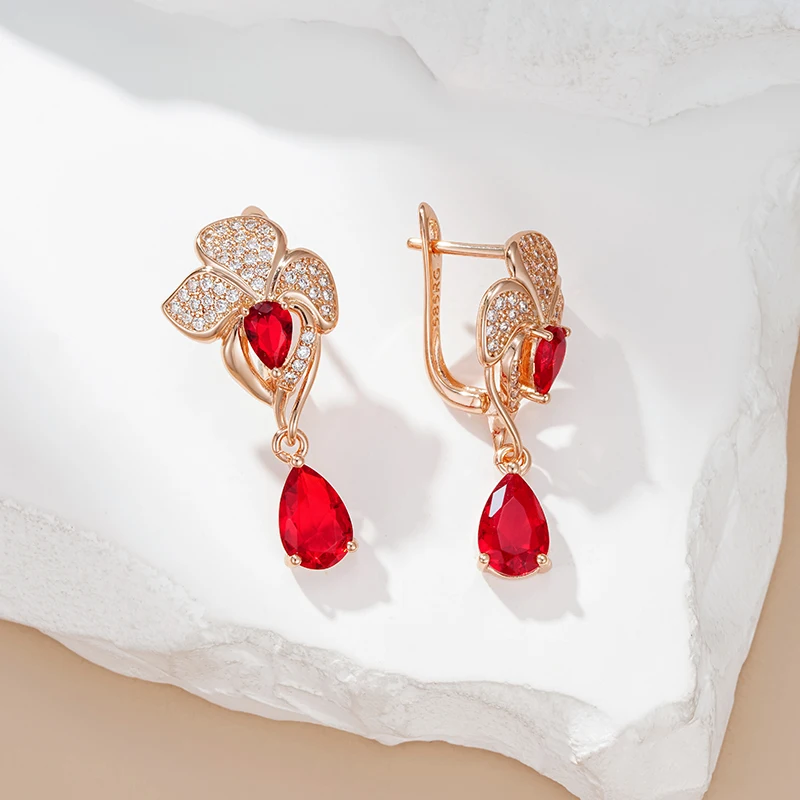 Red Zircon Flower Long Dangle Earrings