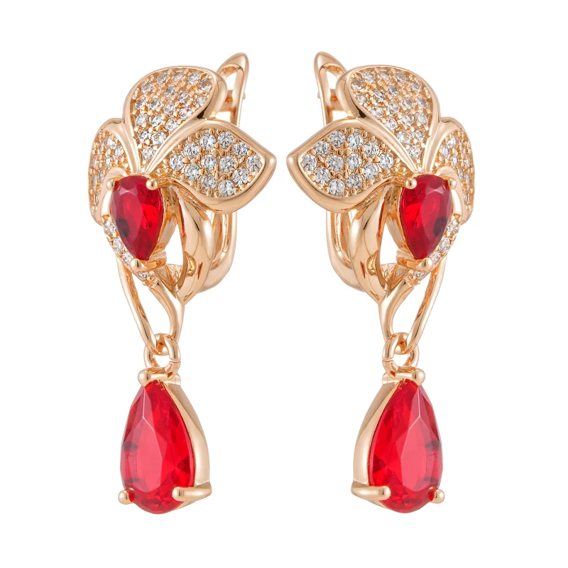 Red Zircon Flower Long Dangle Earrings