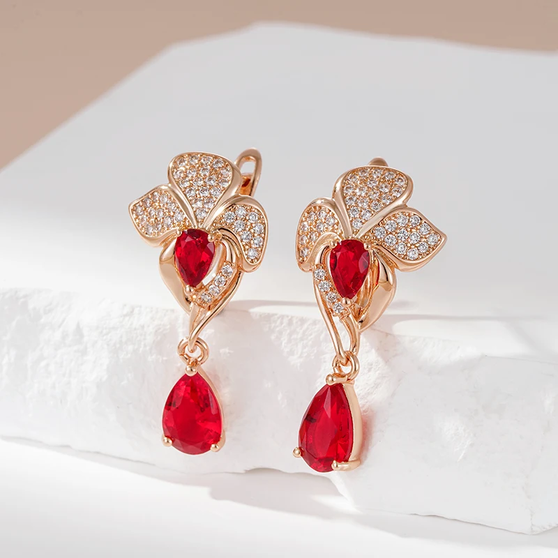 Red Zircon Flower Long Dangle Earrings