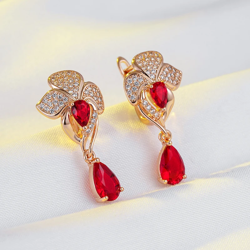 Red Zircon Flower Long Dangle Earrings