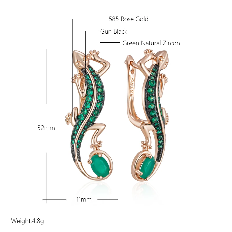 Green Natural Zircon Lizard Drop Earrings