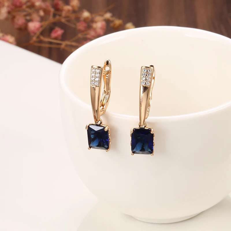 Square Mysterious Blue Zircon Long Earrings