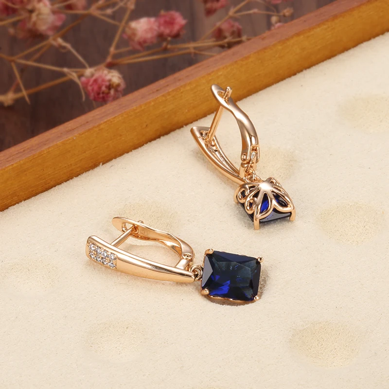 Square Mysterious Blue Zircon Long Earrings