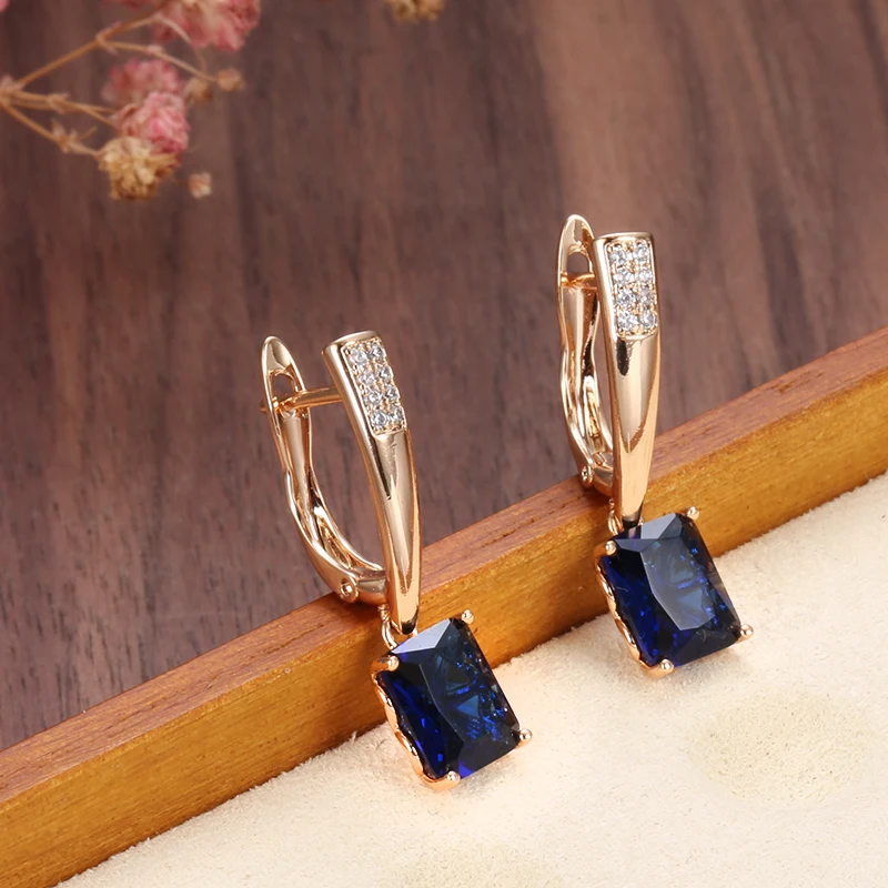 Square Mysterious Blue Zircon Long Earrings