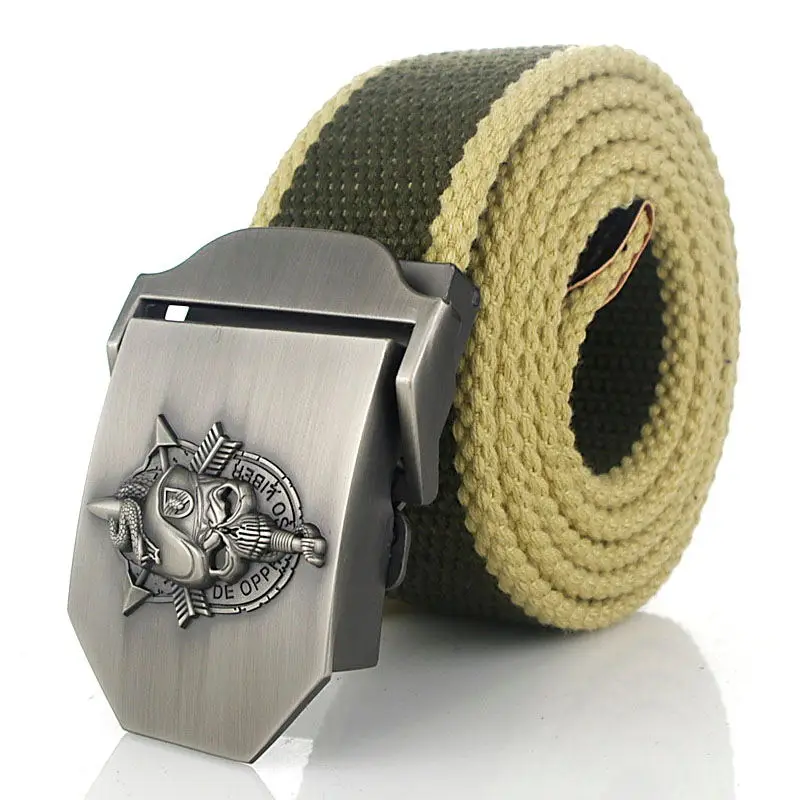 Military Canvas Belt with Skull Buckle