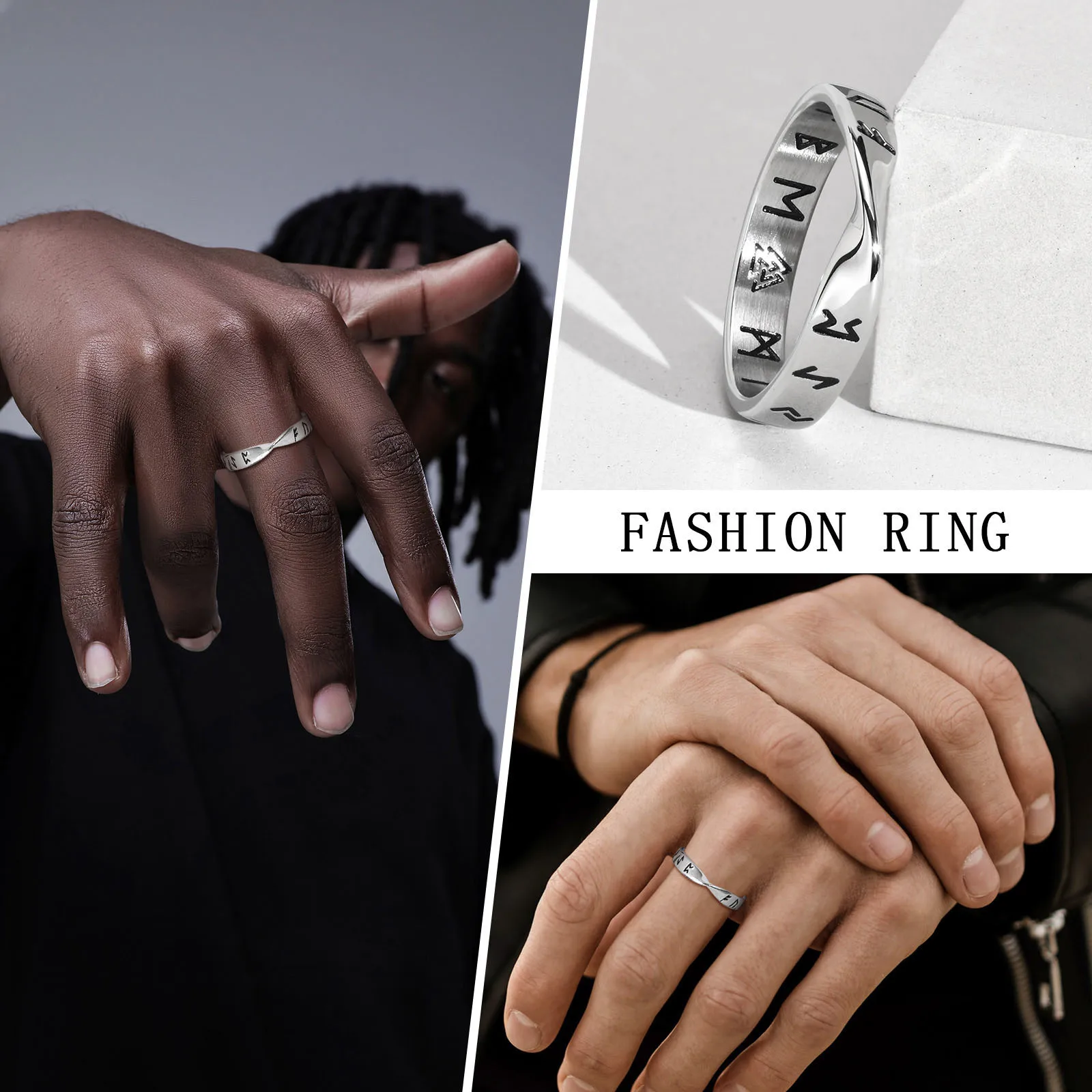 Viking Runes Stainless Steel Mobius Ring