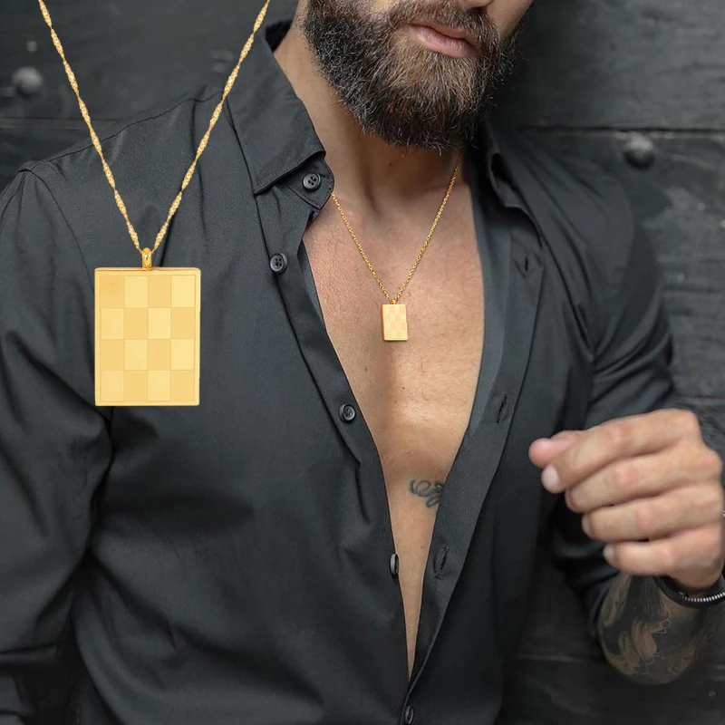 Checkered Rectangular Tag Pendant Necklace