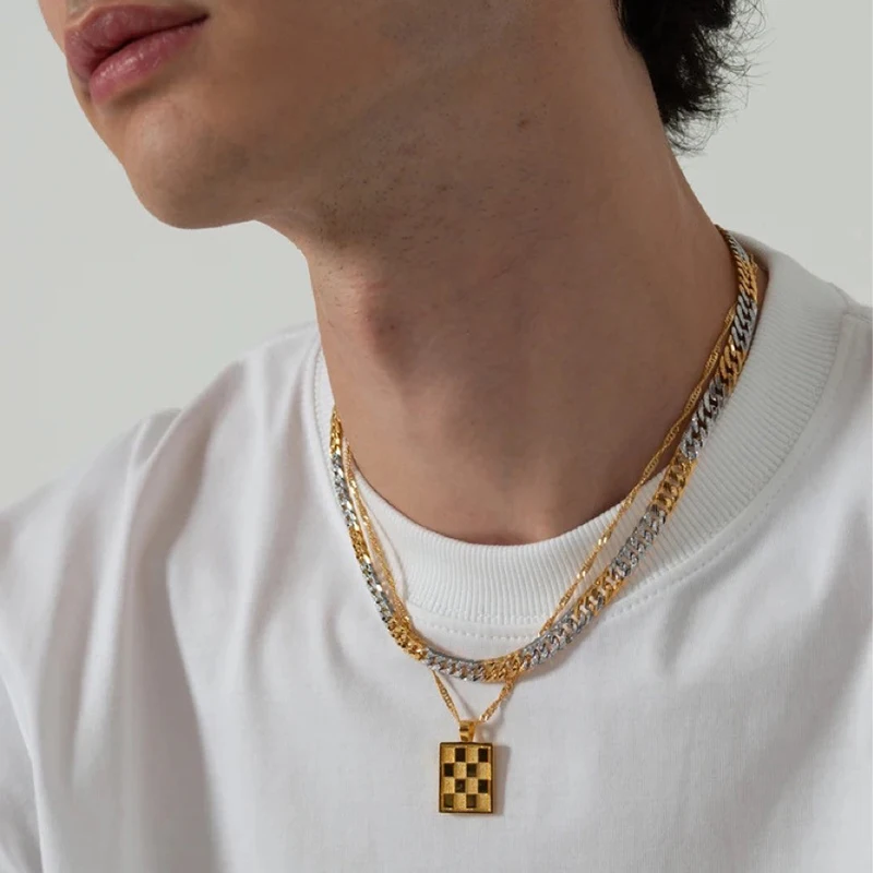 Checkered Rectangular Tag Pendant Necklace