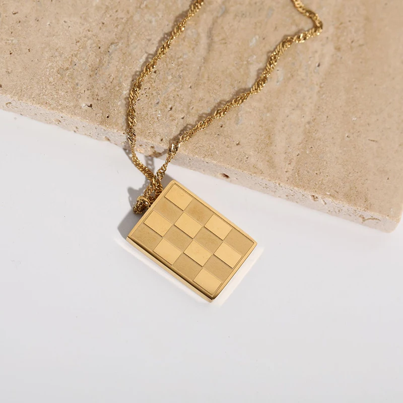Checkered Rectangular Tag Pendant Necklace
