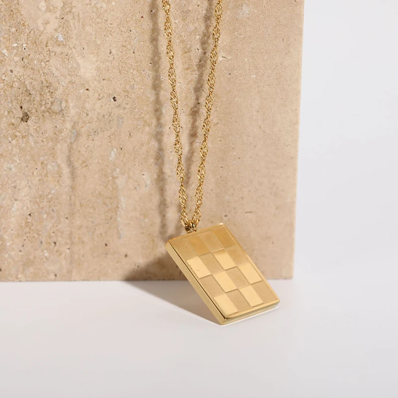 Checkered Rectangular Tag Pendant Necklace