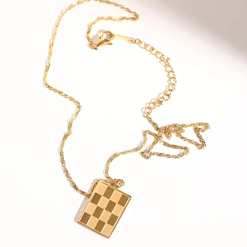 Checkered Rectangular Tag Pendant Necklace