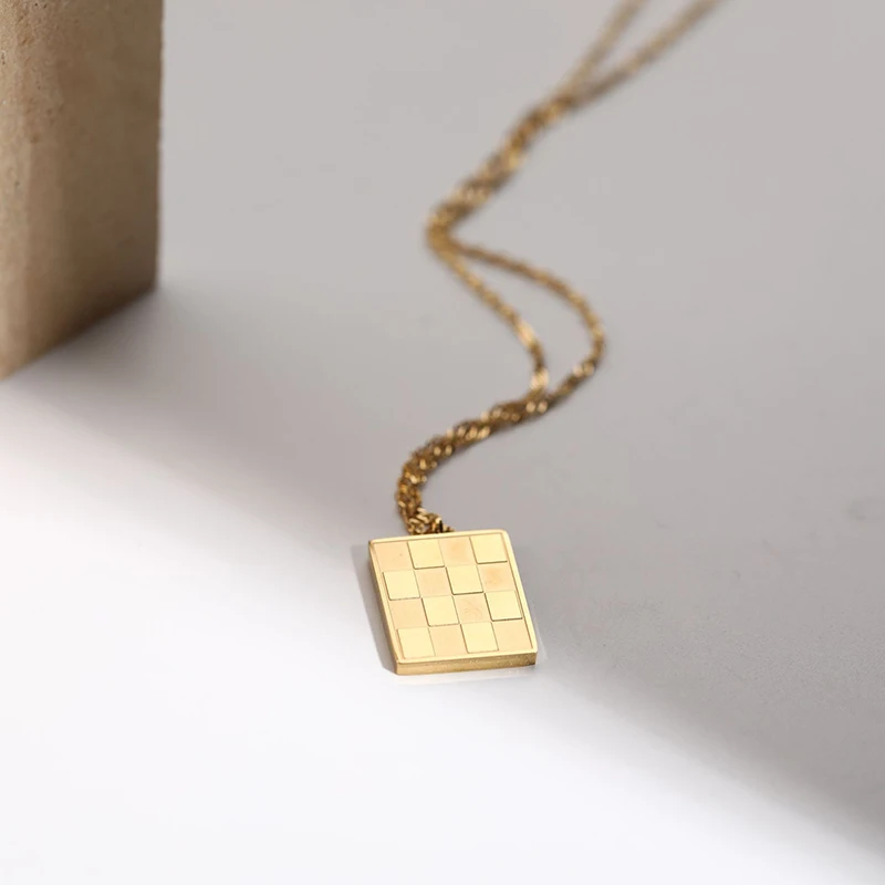 Checkered Rectangular Tag Pendant Necklace