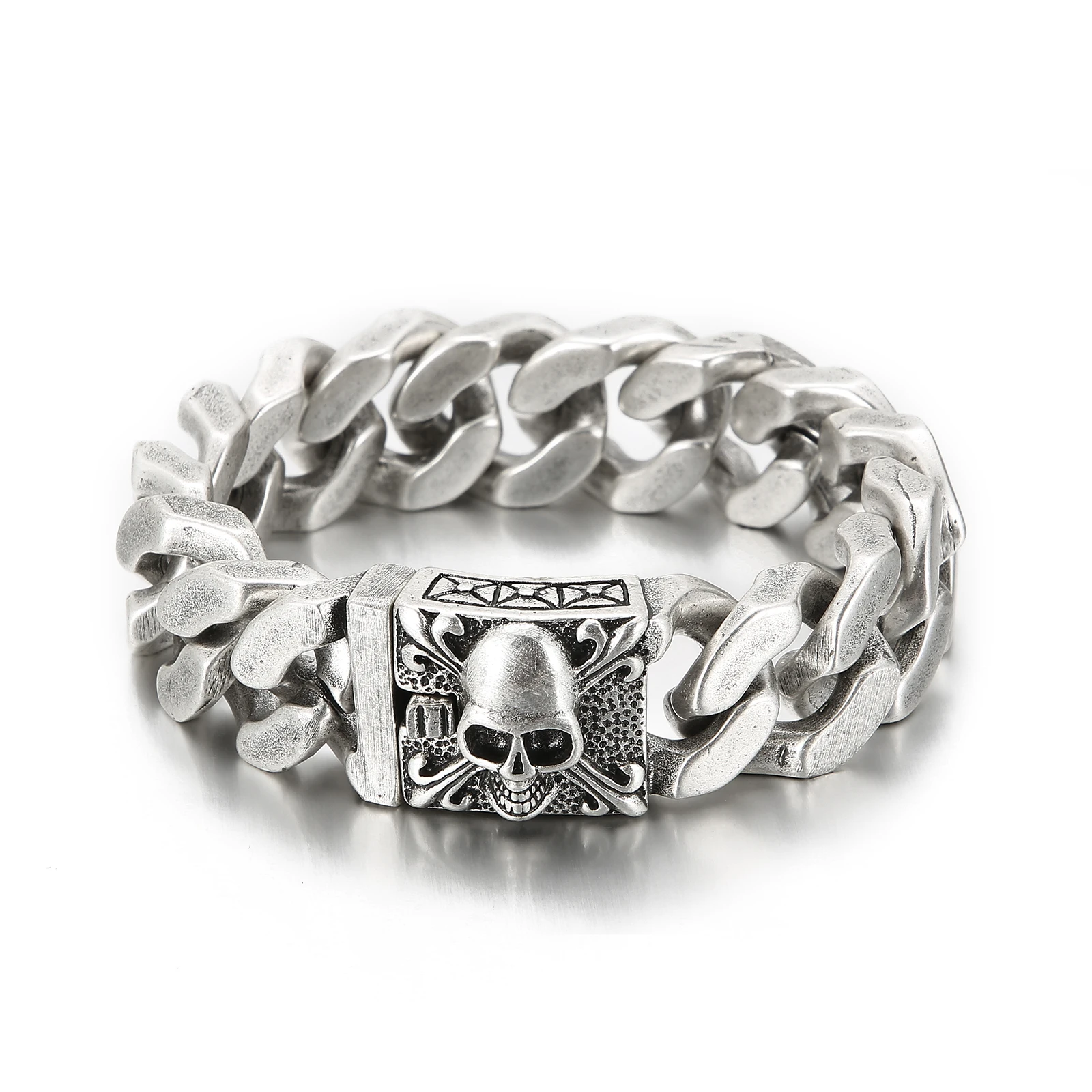 Vintage Steel Curb Chain Bracelet with Skull