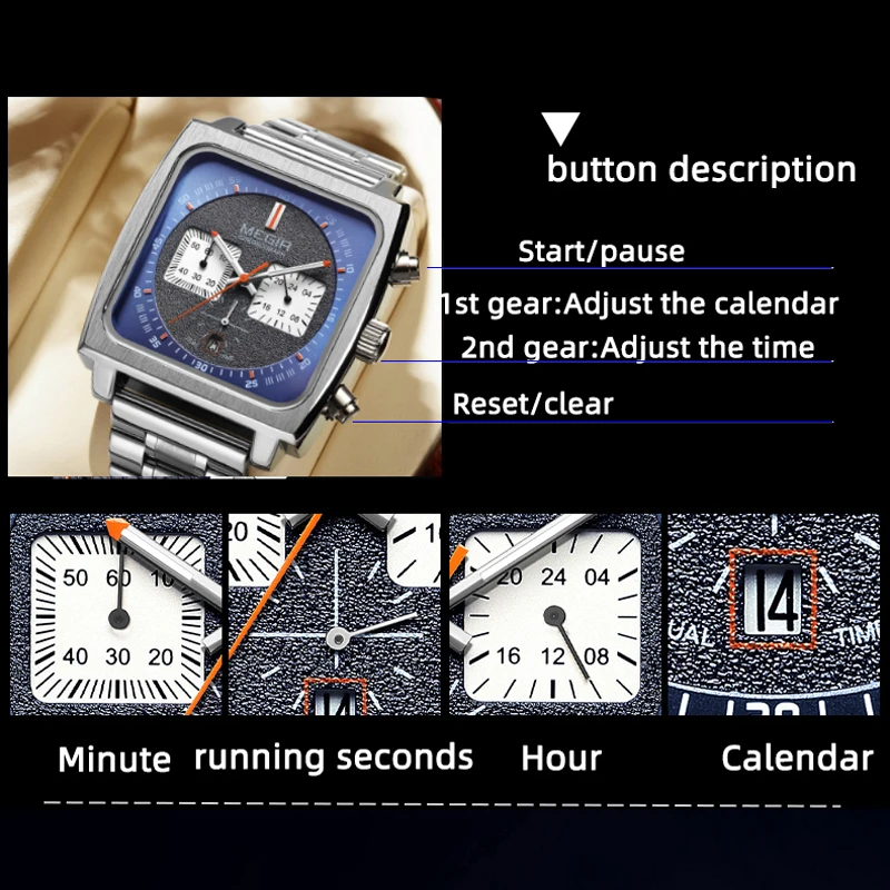 MEGIR Square Chronograph Quartz Watch