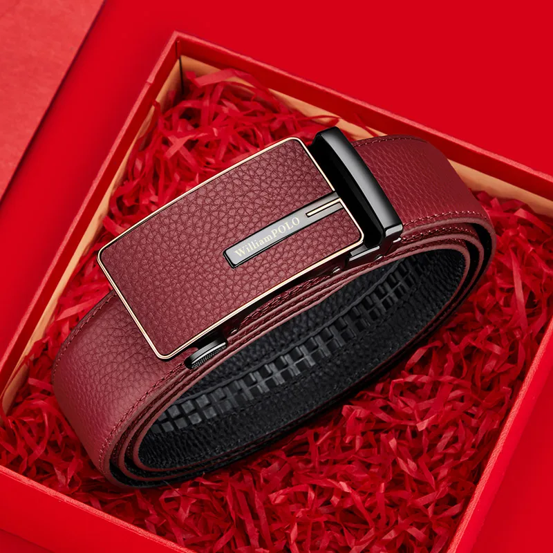 Red Genuine Leather Belt Automatic Buckle
