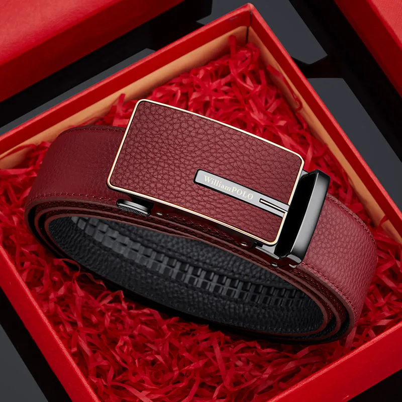 Red Genuine Leather Belt Automatic Buckle