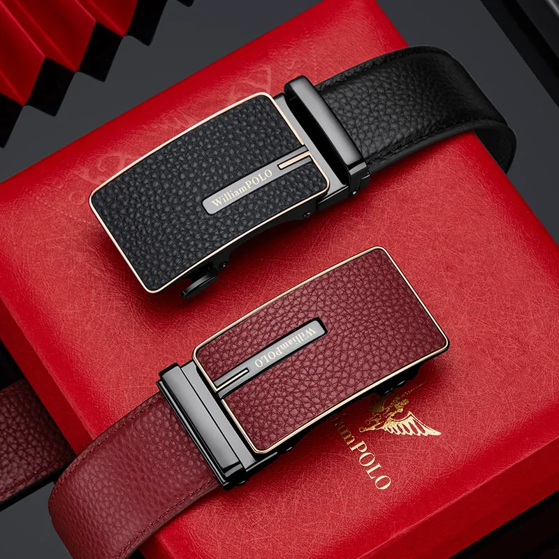 Red Genuine Leather Belt Automatic Buckle