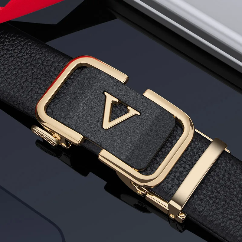 Leather Automatic V Letter Buckle Belt