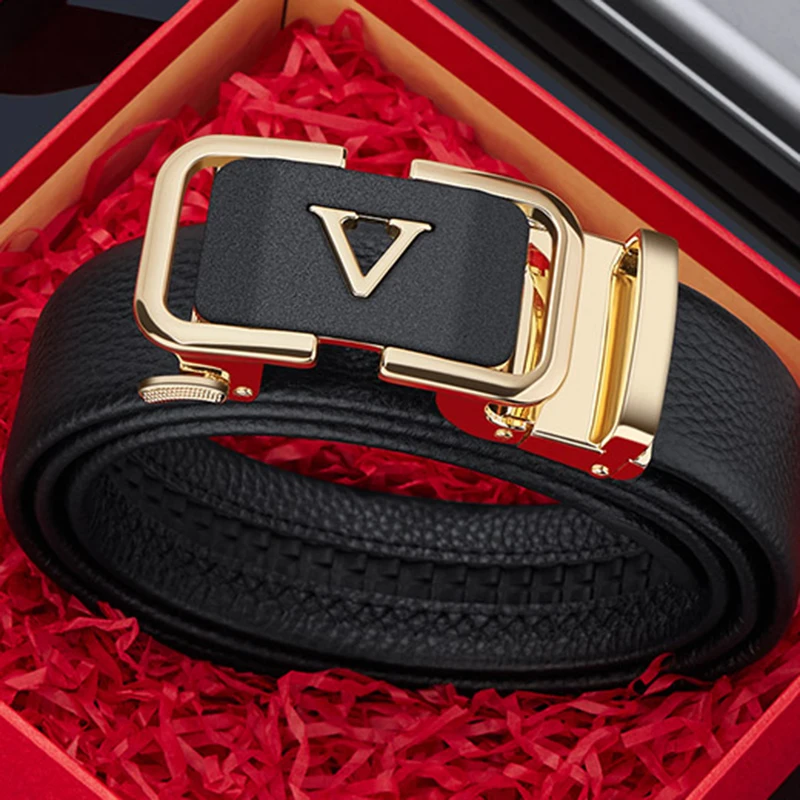 Leather Automatic V Letter Buckle Belt