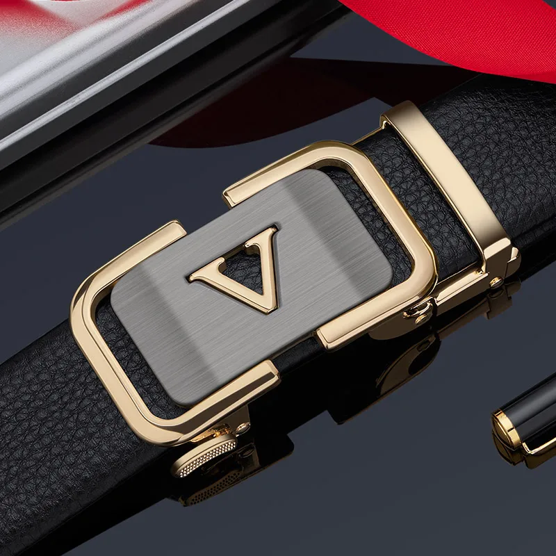 Leather Automatic V Letter Buckle Belt