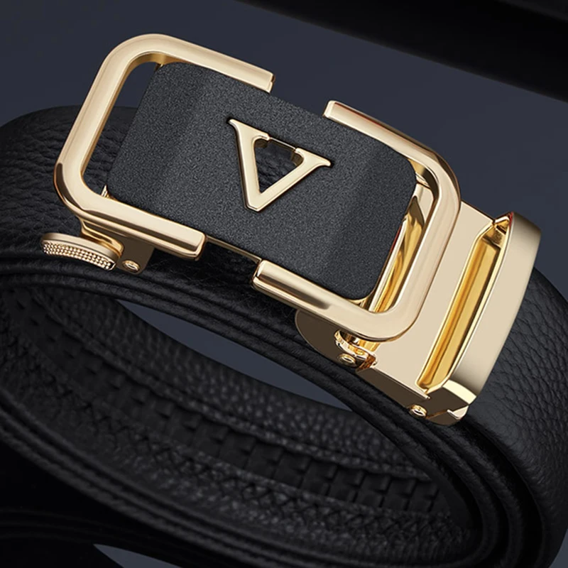 Leather Automatic V Letter Buckle Belt