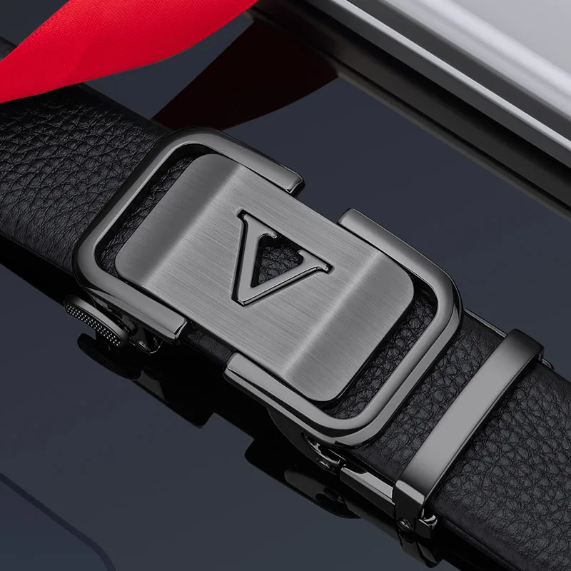 Leather Automatic V Letter Buckle Belt