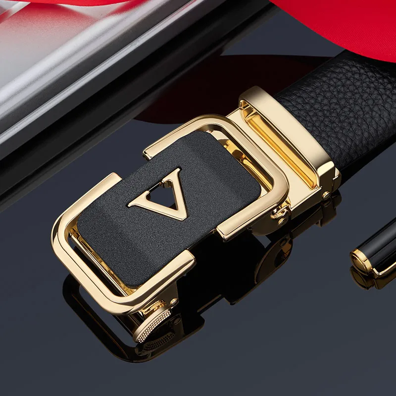 Leather Automatic V Letter Buckle Belt