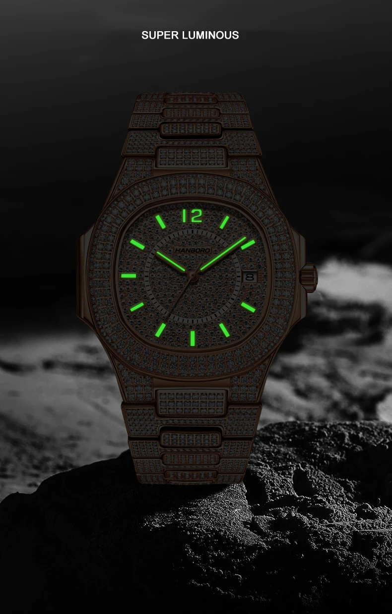 HANBORO Bling Iced-Out Men's Crystal Watch