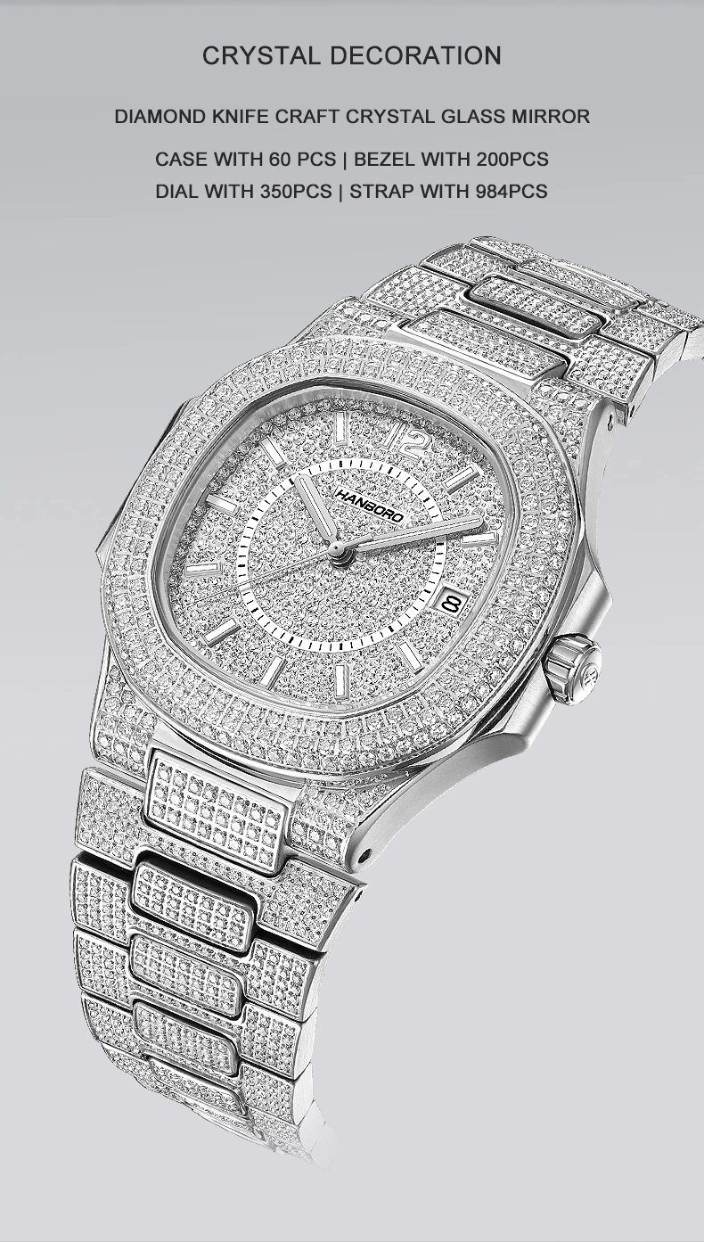 HANBORO Bling Iced-Out Men's Crystal Watch